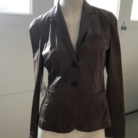 Hugo Boss Lined 2 Button Lamb Leather Blazer Jacket w Pickstitching Brown Sz 8 - Picture 16 of 16